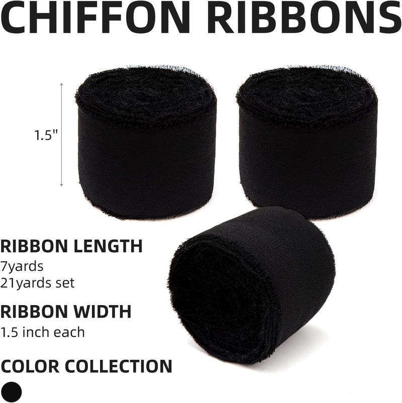 KEOSREE 3 Rolls Black Handmade Chiffon Ribbon,1.5" x 21Yd Frayed Fringe Silk Ribbons (3 Rolls *7Yd) for Gifts Wrapping, Wedding Invitations, Bridal Bouquets, Decorations - Image 2